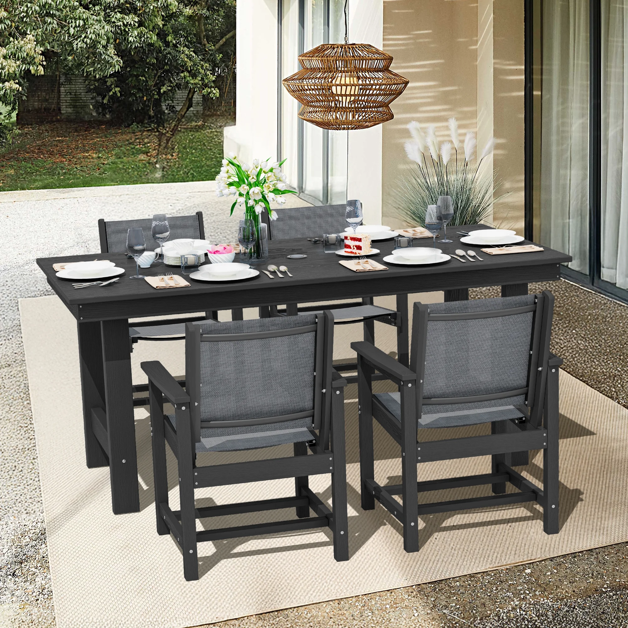SERWALL Outdoor HDPE Dining Table Set, 7-Piece Outdoor Dining Table Sets with Umbrella Hole, Grey - Image 17