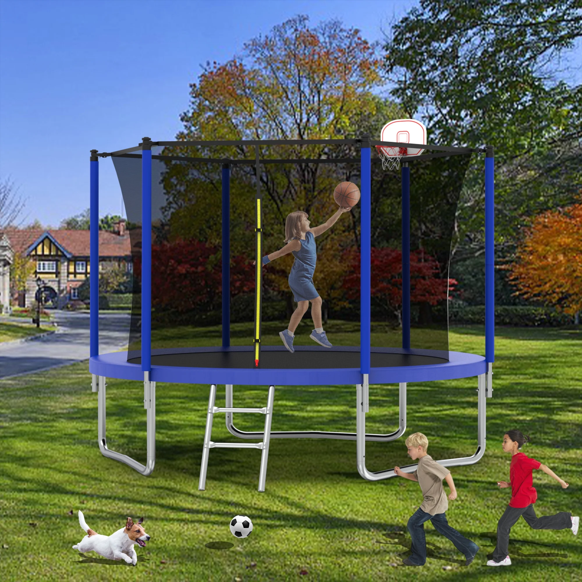 8FT Trampoline for Kids,Outdoor Trampoline with Basketball Hoop,Heavy-Duty Trampoline with Safety Enclosure Net,Blue - Image 4