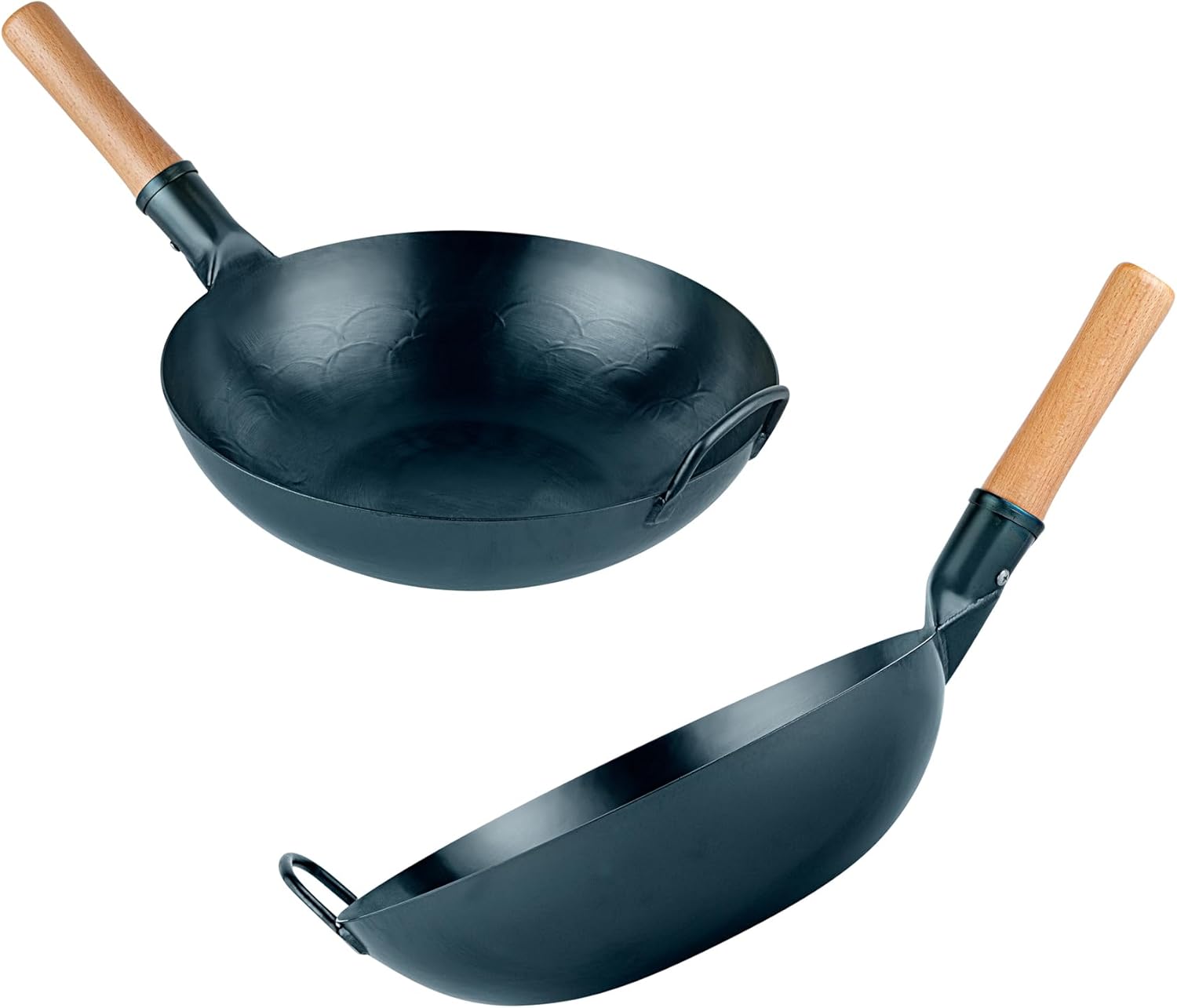 Restaurantware Carbon Steel Wok 1 Pack of 12 Inch Heavy-Duty Stir Fry Pan Blue Hand Hammered Wok Efficient Maneuvering Steel Helper Handle Uniform Heat Distribution Asian Cooking
