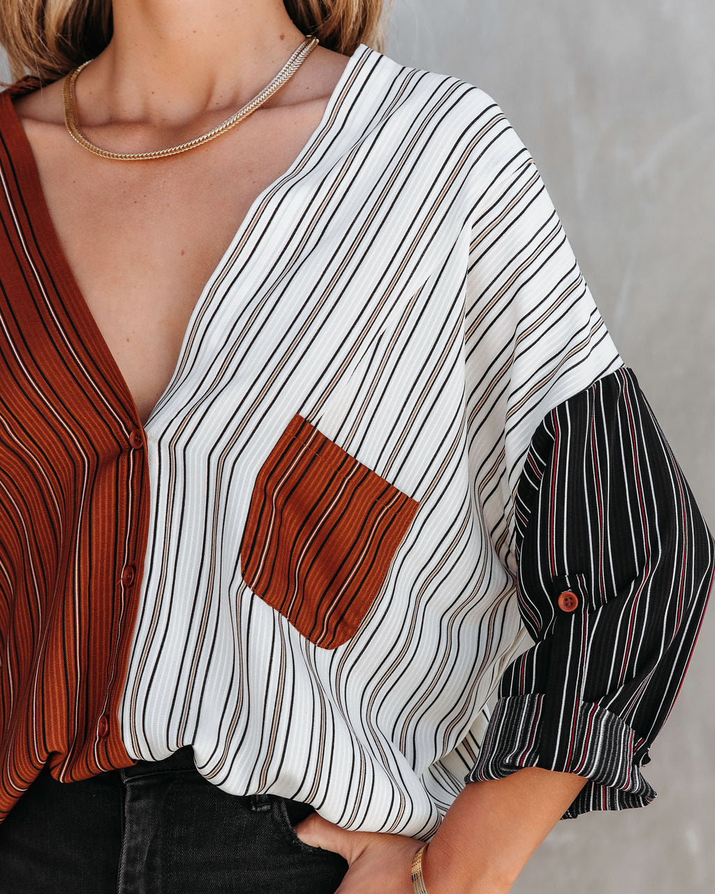 By All Means Striped Coloblock Button Down Top - Se7enfashion
