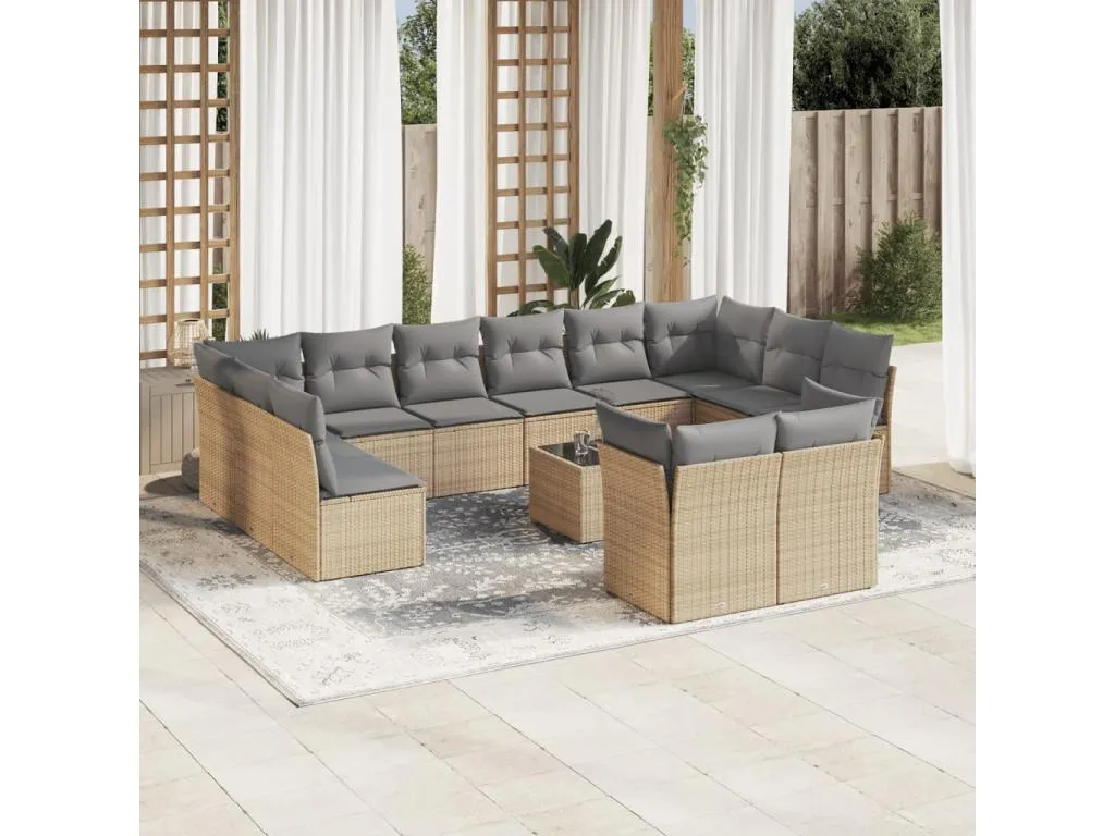 Set sofás de jardín con cojines 13 pzas ratán sintético beige 91548GNCV