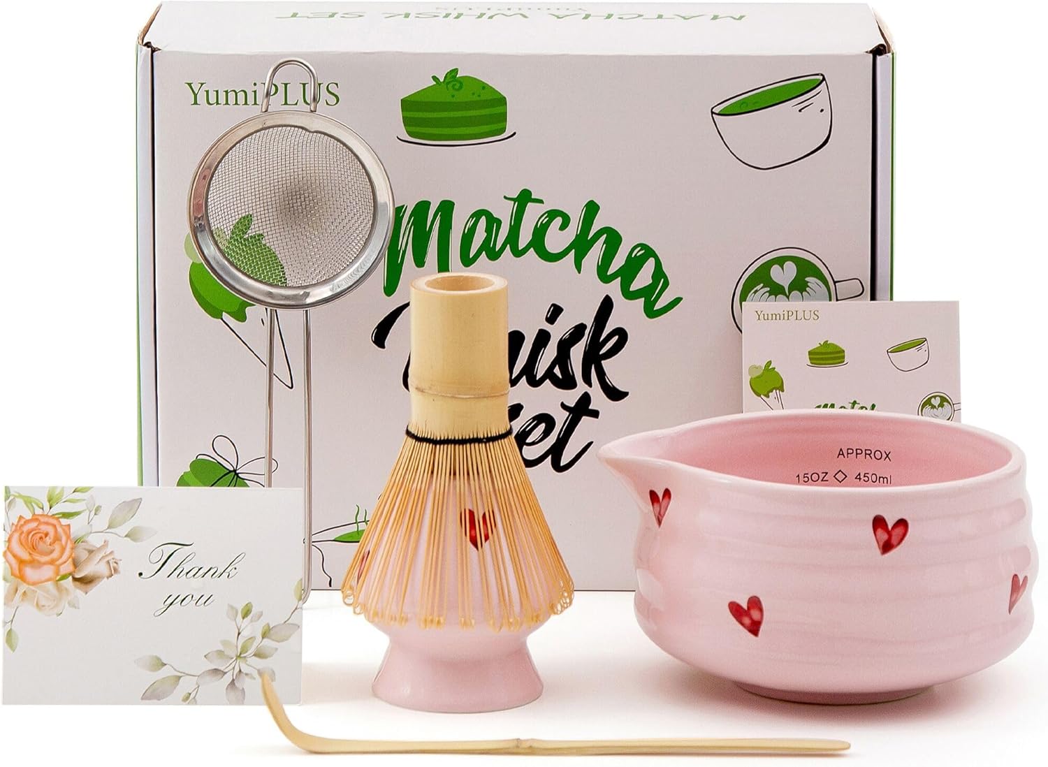5pcs Premium Matcha Set,Ceramic Bowl with Spout and Bamboo Whisk set, Ceremonical Matcha Kit for breakfast/latte,Tea Starter Making Kit,Unique Matcha Gift set (pink)