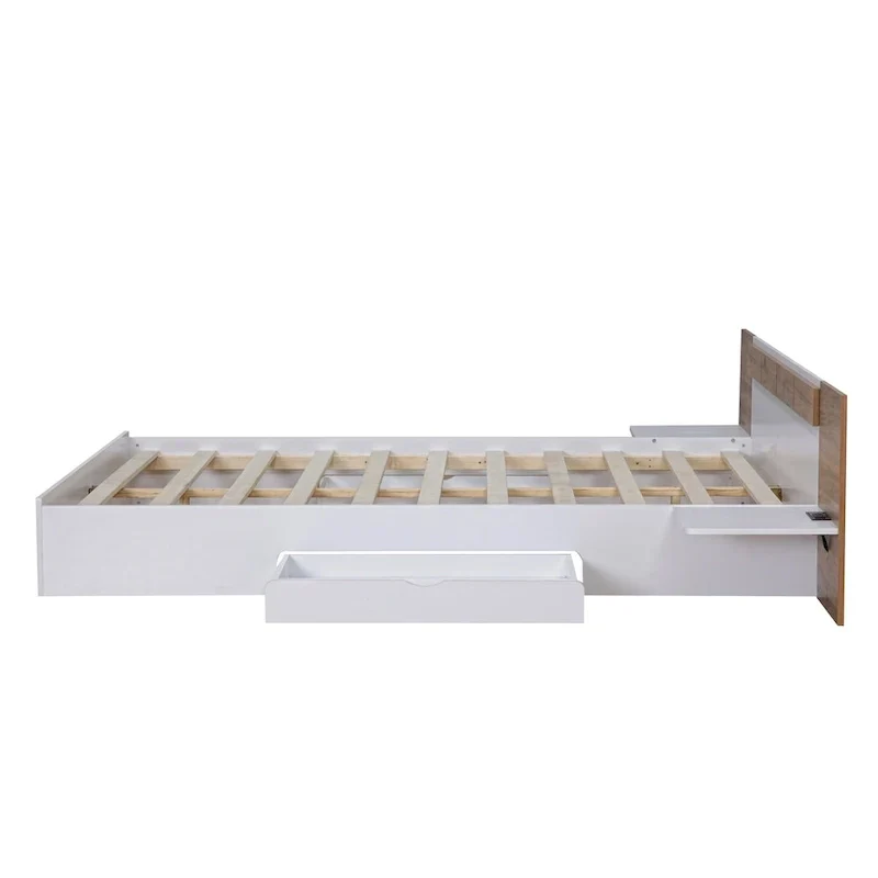 Natural Queen Size Platform Bed with Headboard, Storage Drawers, Shelves, USB Ports, and Outlets