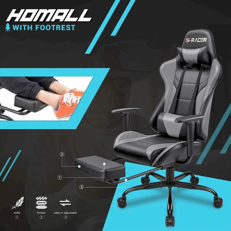 Ergonomic Gaming Chair with Footrest - Ideal for Desk Use
