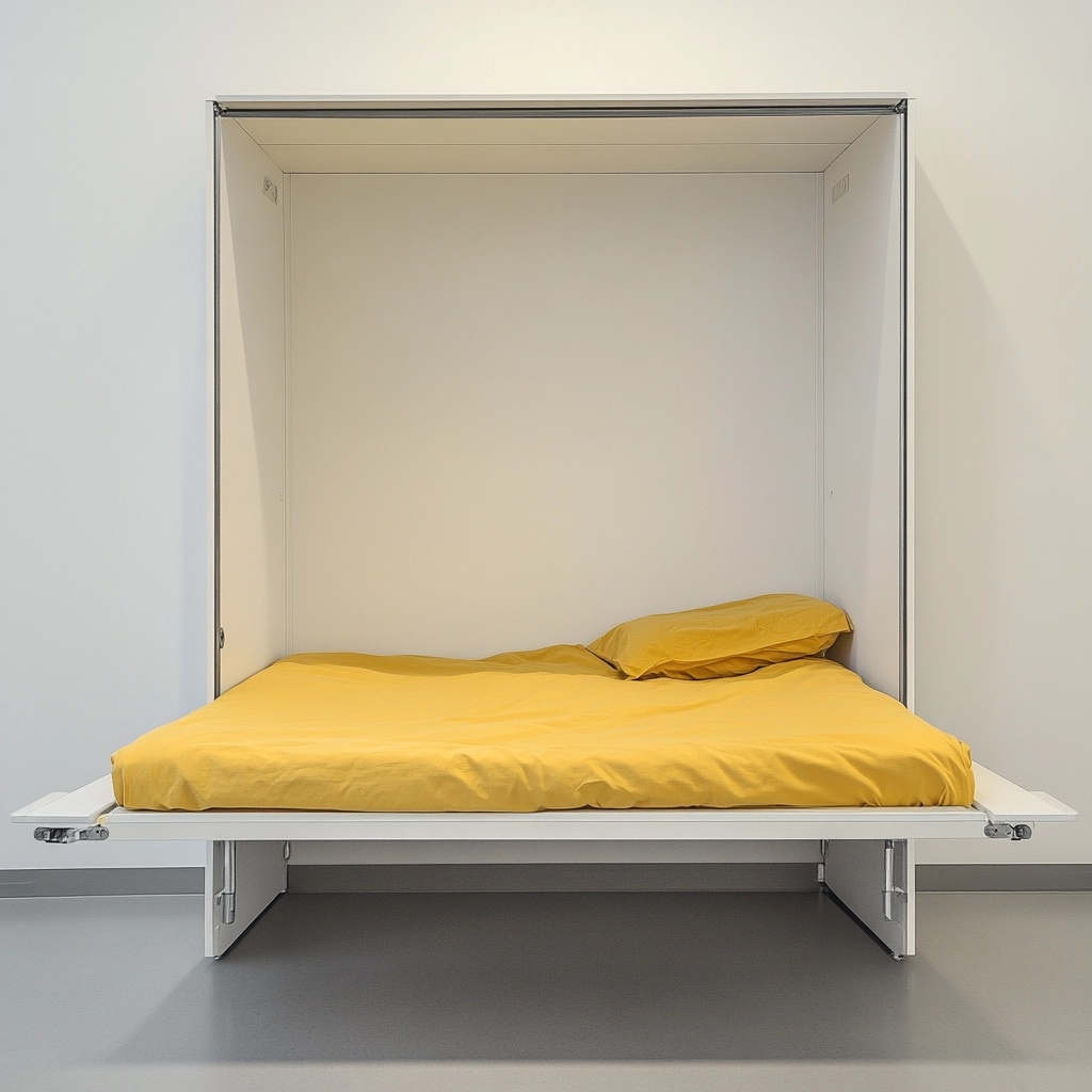 Cama abatible blanca amarillo tamaño doble uso en espacios pequeños