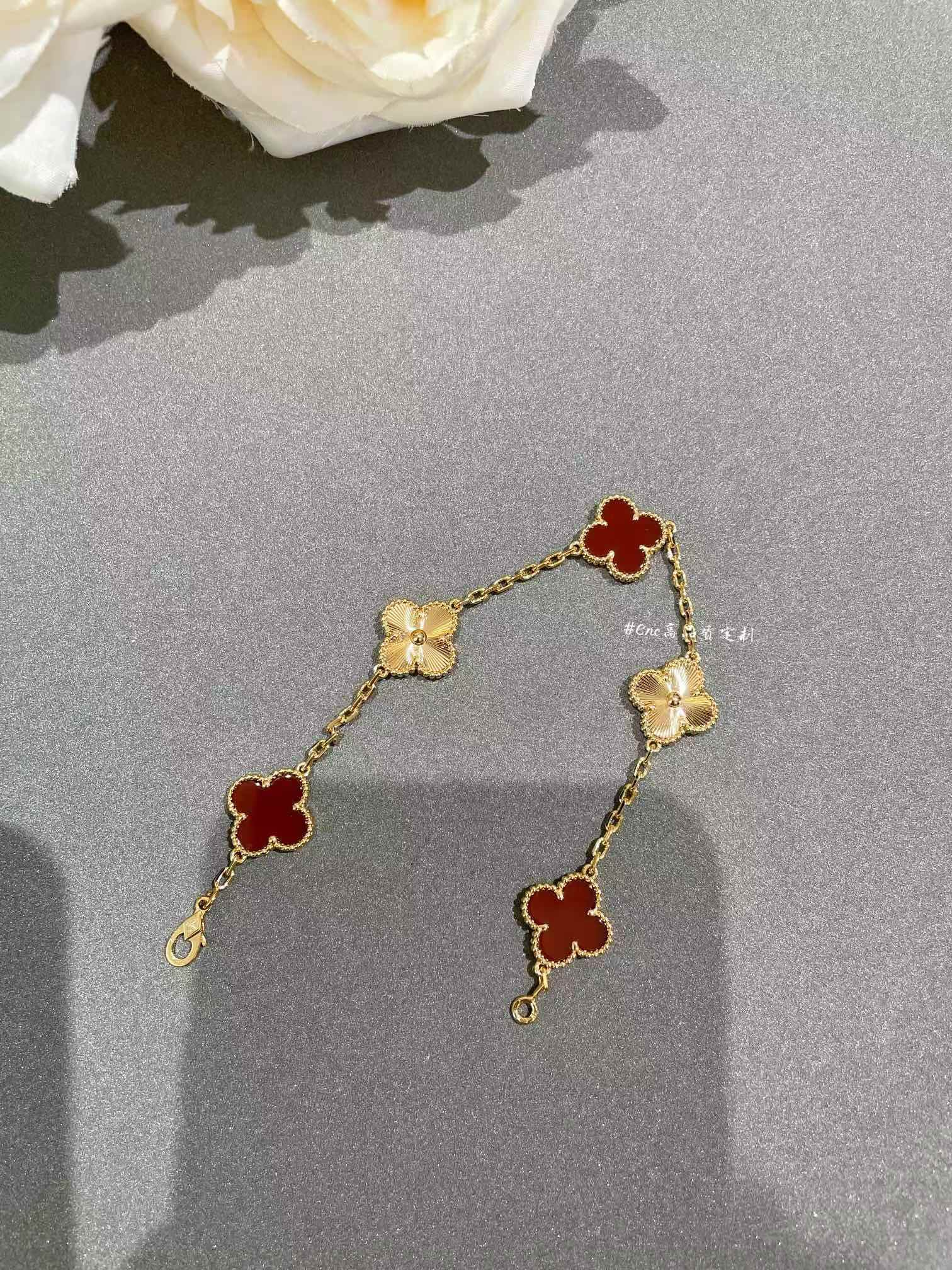 VCA Guilloche and Carnelian Vintage Alhambra Bracelet, 5 Motifs - Original Replica Club
