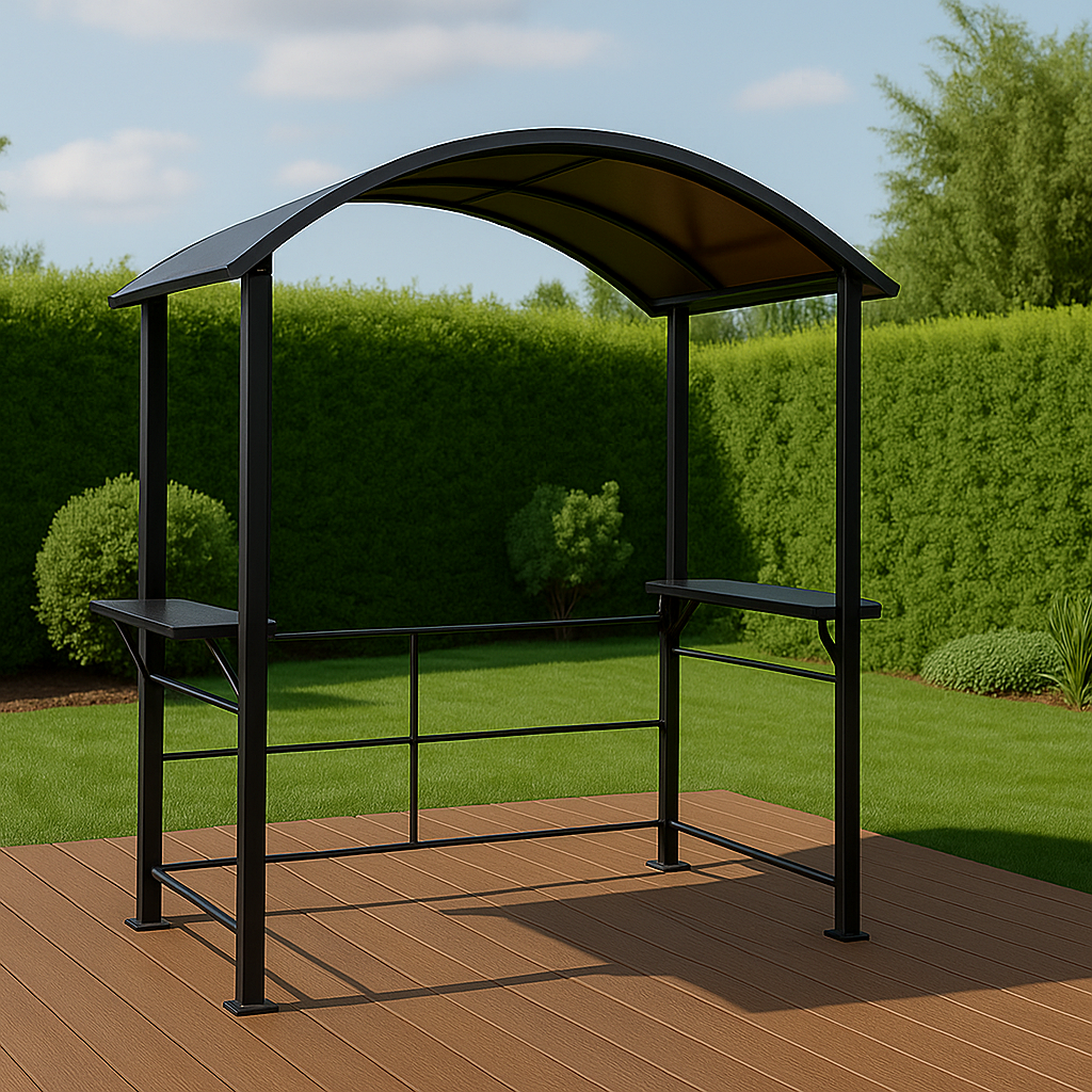 Cobertizo para barbacoa, con techo curvado y mesas, color negro