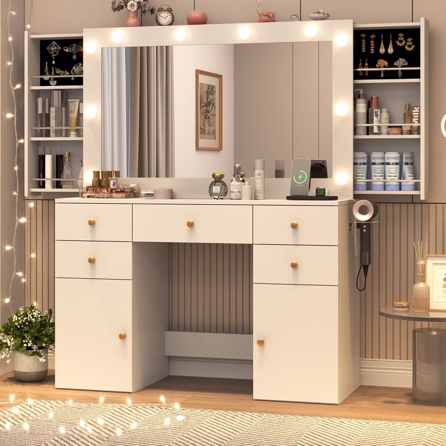 White Vanity Desk with Large Lighted Mirror Power Outlet, Makeup Vanity Table with Glass Top Drawers, Sliding Storage, 44.1" Large Makeup Vanity Table for Women Girls, White(White)