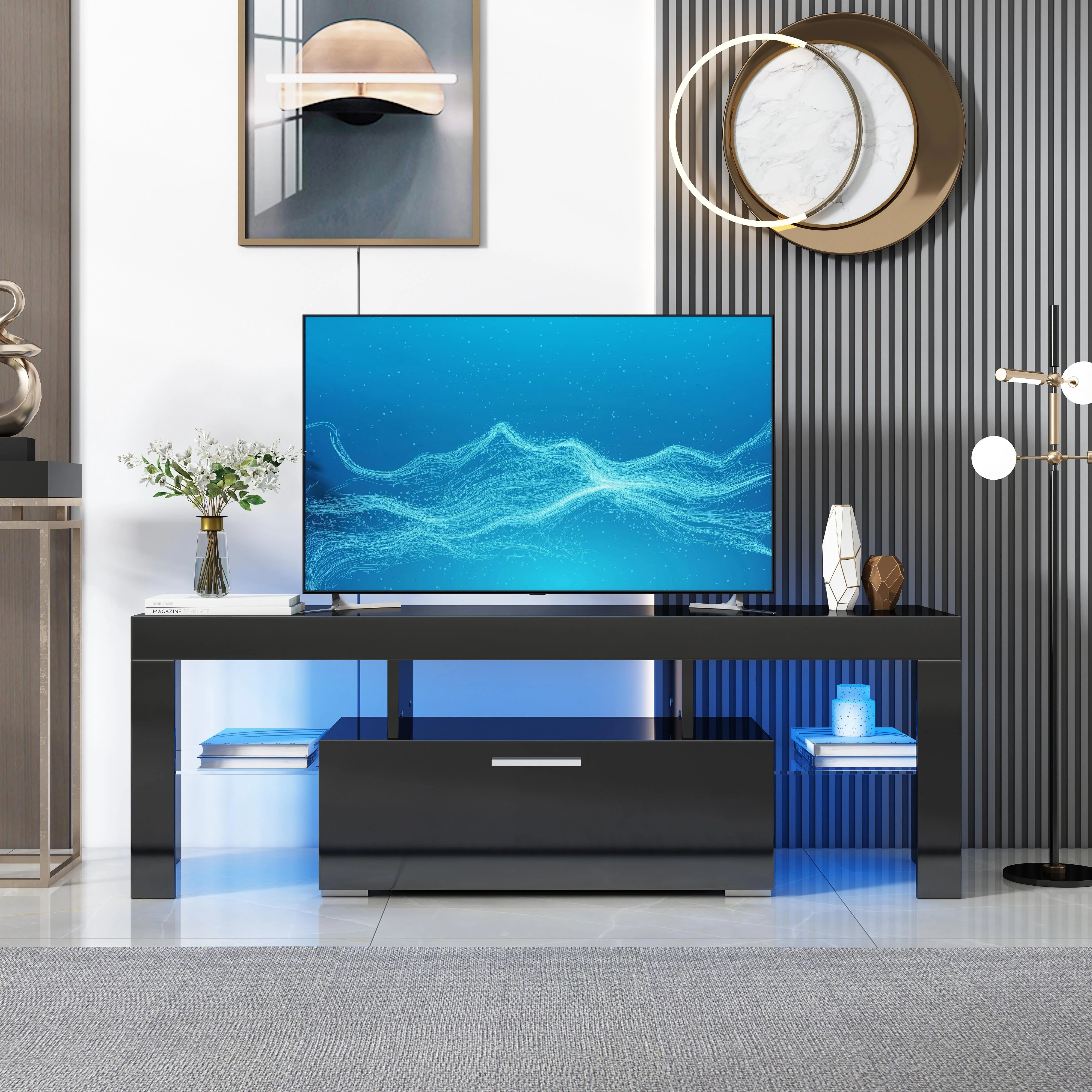 PAPROOS TV Stand for TVs up to 70", High Gloss TV Cabinet with LED Light, Modern TV Console Table with Storage Drawers, Media Television Stand Entertainment Center, White - Image 16