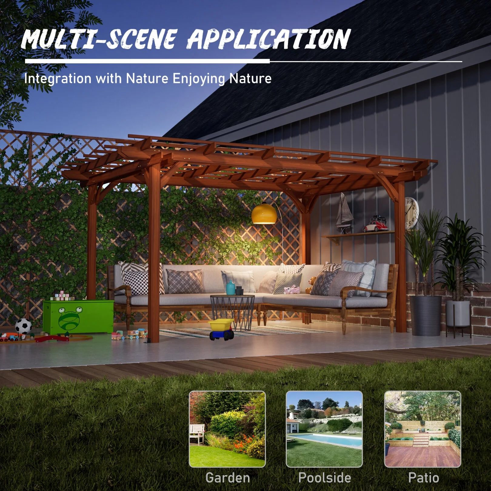 12 x 10 FT Outdoor Pergola, Wooden Pergola Gazebo with Climbing Plant Support and Waterproof, for Patio Porch Garden Backyard, Brown - Image 8