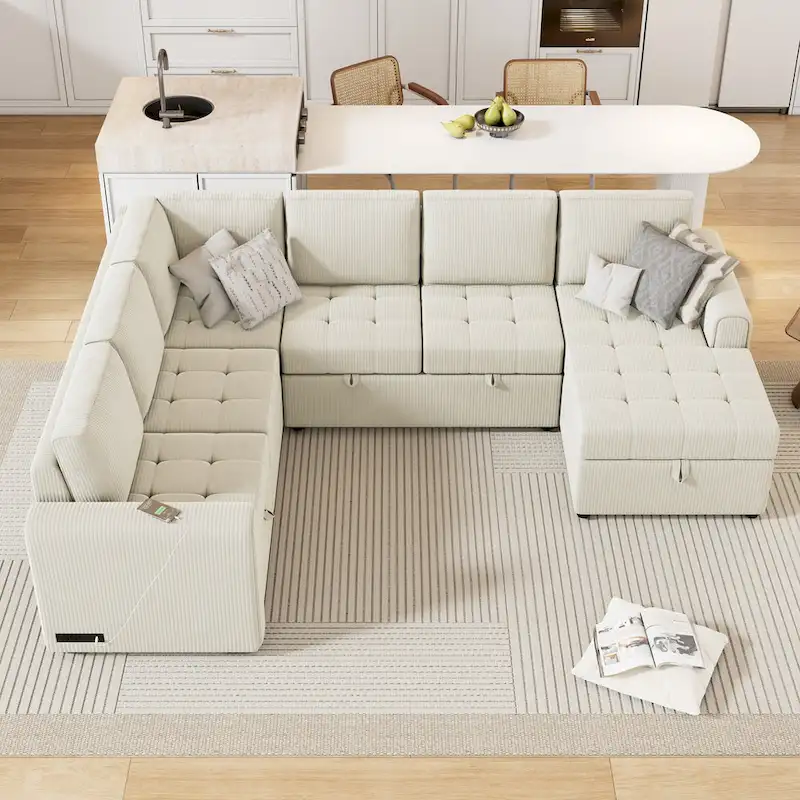 Roomfitters U-Shaped Sectional Sofa with Pull-Out Bed, Storage Chaise Lounge, and Integrated Charging Ports for Living Room