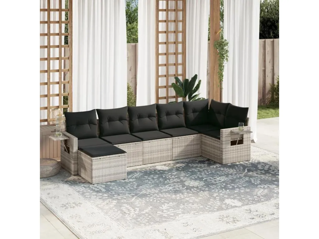 Set de sofás de jardín 7 pzas con cojines ratán PE gris claro 98571HDLK