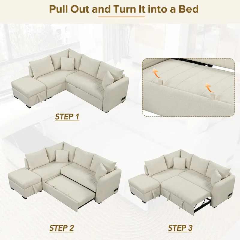 82.6" L-Shaped Sectional Sofa Bed with Pull-Out Feature, USB Ports, Power Sockets, and Movable Storage Ottoman - Bei