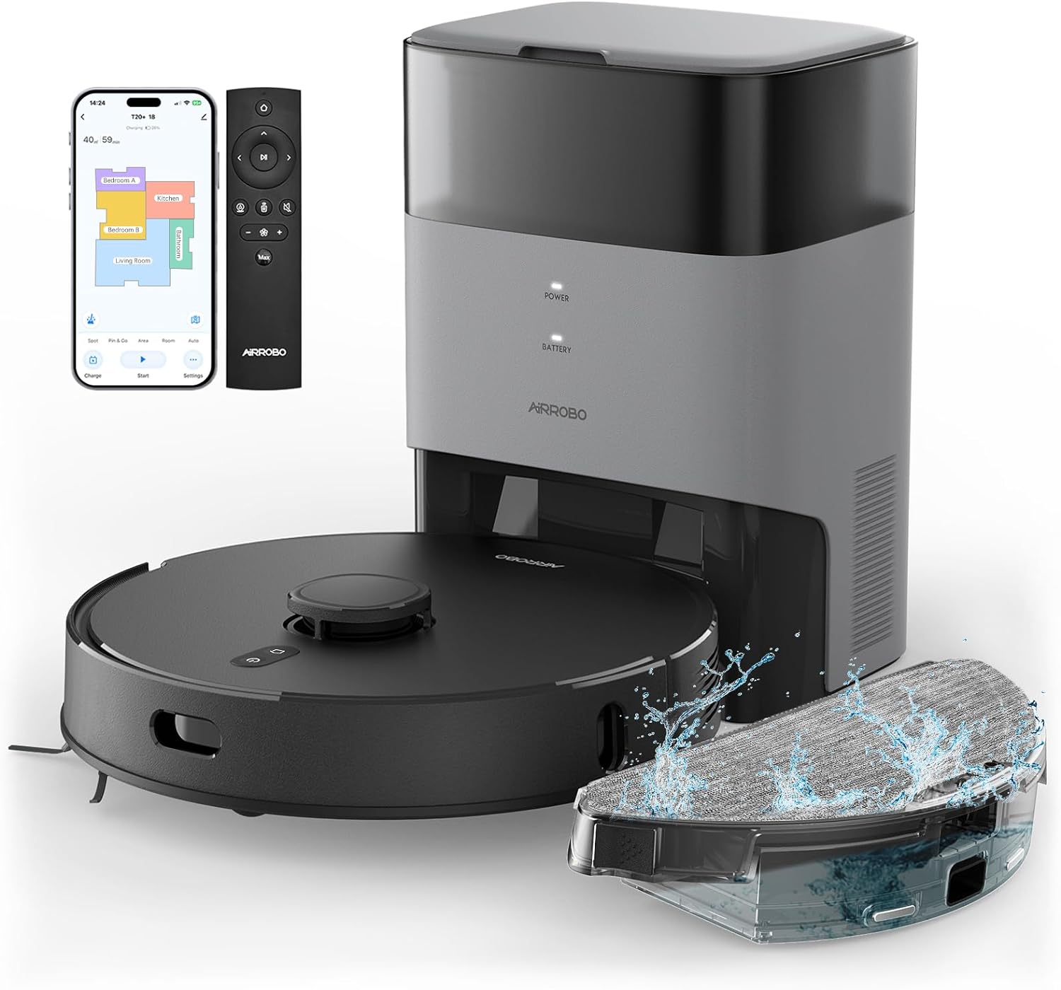 WAYFAIR AIRROBO Robot Vacuum And Mop Combo, Self-Emptying, 60-Day Capacity, Home Mapping, Schedule, Wi-Fi/App/Alexa/Remote, 180Mins Runtime, T20+ Robotic Vacuum Cleaner For Pet, Hard Floors, Carpet