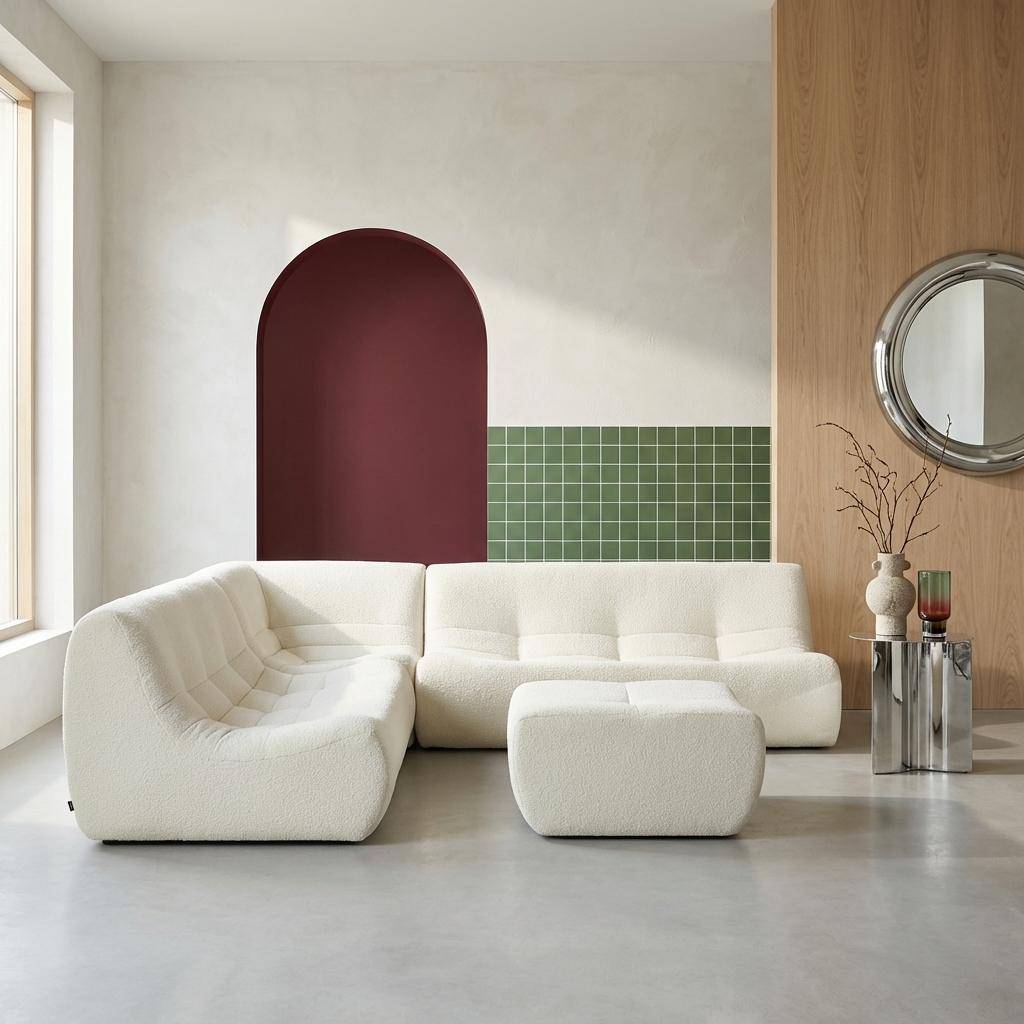 Sokol borreguito - Sofá esquinero modular con reposapiés de borreguito texturizada, 7 plazas