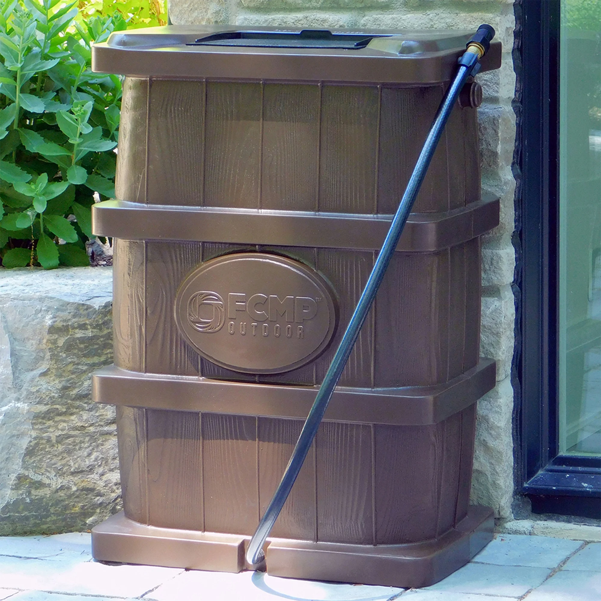 FCMP Outdoor WG4000-GRY Home Outdoor Wood Grain Rain Water Catcher Barrel - Image 7