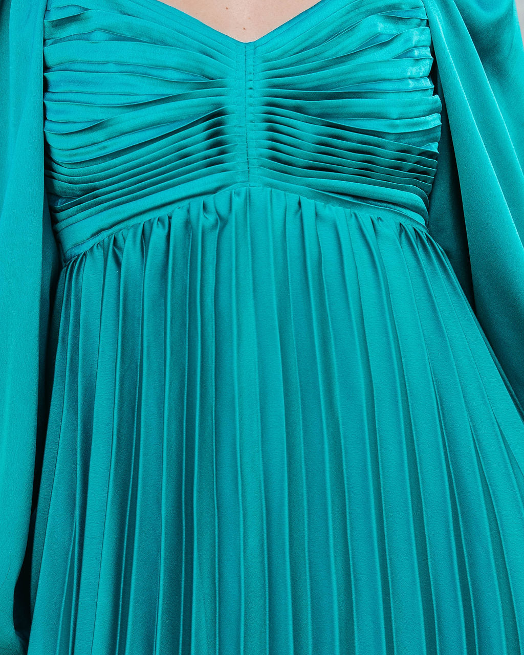 Romantic One Satin Pleated Midi Dress - Emerald - Se7enfashion