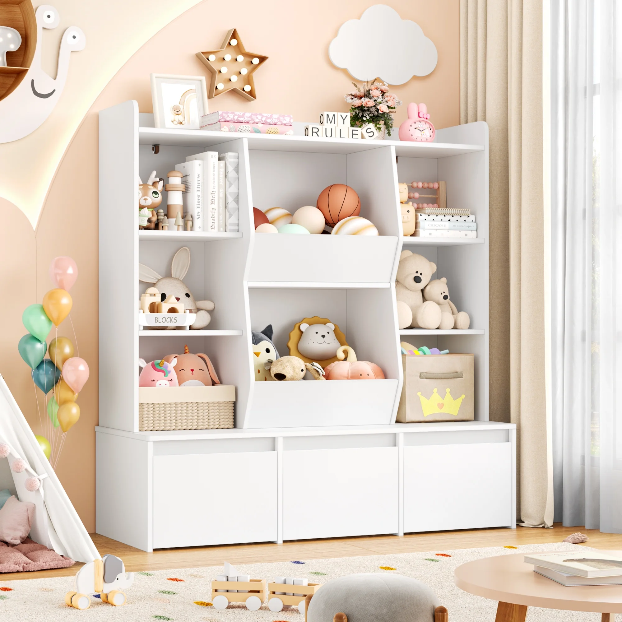 Hiphuta Large Toy Storage Organizer with 4 Shelves, 8 Cube Storage Kids Bookcase for Playroom, Toy Organizer for Kids, White - Image 2