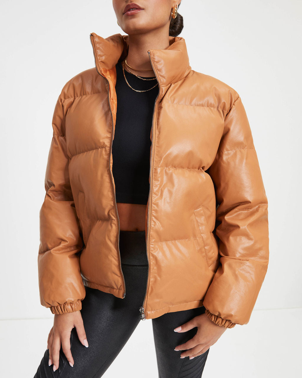 Raza Pocketed Faux Leather Puffer Jacket - Camel - Se7enfashion