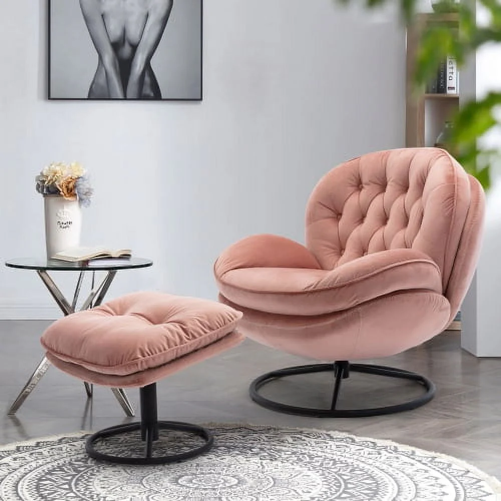 Velvet Swivel Accent Chair with Ottoman Set, Modern Lounge Chair with Footrest and Metal Base Comfy Armchair with 360 Degree Swiveling Single Sofa Chair Accent Chairs for Living Room, Green - Image 14