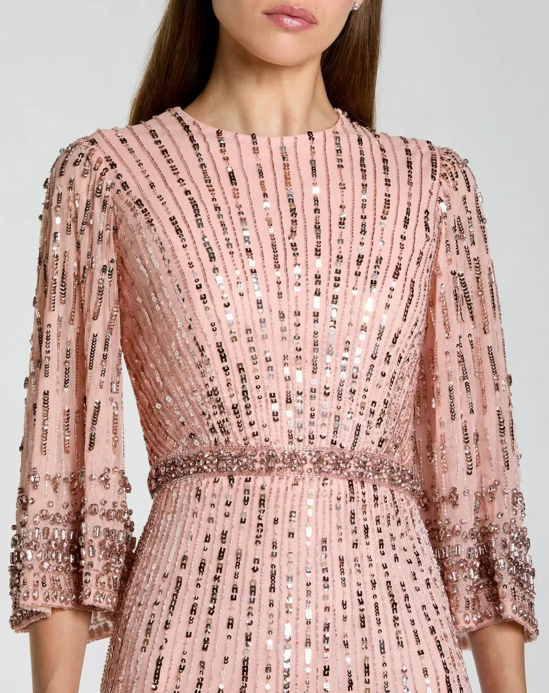 Pink High Neck Embellished Gown With 3/4 Sleeves - Special Events Unlimited