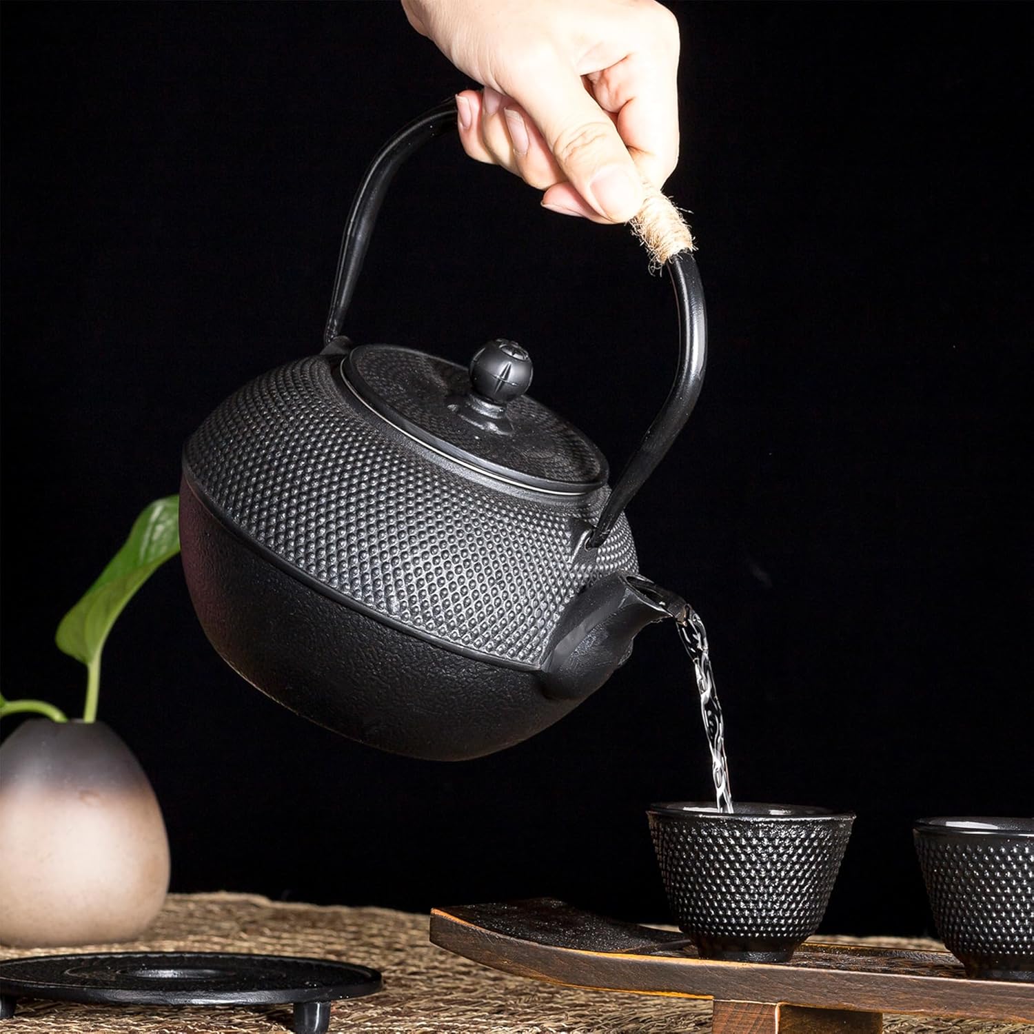 YJX 40.6oz Cast Iron Teapot Set with Warmer, Japanese Tea Set for Stovetop, 1200ml Black Tea Pot and Tea Cups Set, Tea Kettle with Infuser for Loose Leaves, Enameled Asian Teapot Sets for Adults