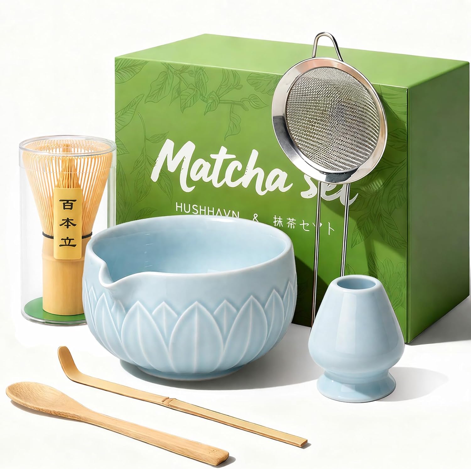 Matcha Whisk Set, Ceramic Matcha Set Includes Bowl & Holder, Bamboo Whisk (Chasen), Scoop, Spoon and Sifter, 6PCS Matcha Kit Covers Everything Needed for Making Matcha (Green)