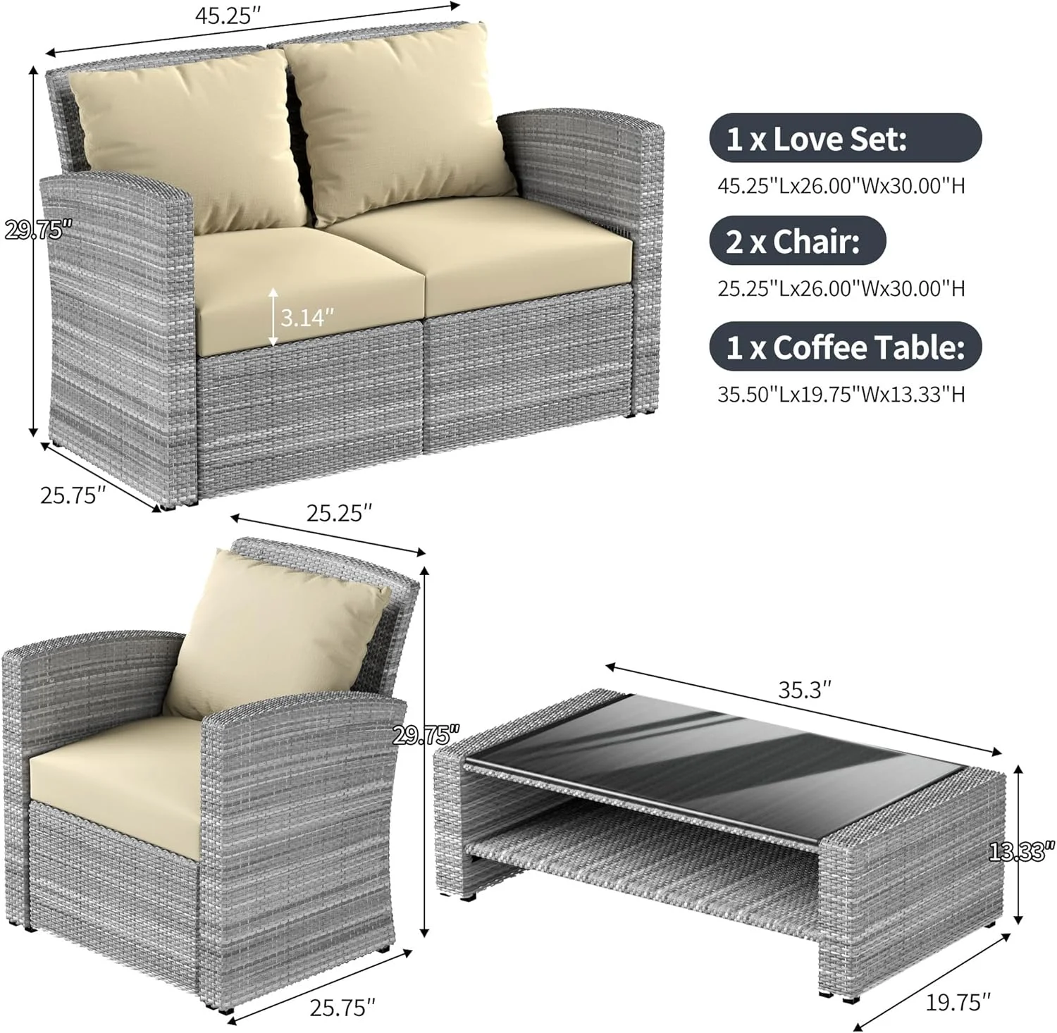 4 Pieces Patio Conversation Set, Outdoor Furniture Set with Cushion, Outside Sectional Rattan Wicker Sofa Furniture Set for Garden, Porch, Backyard, Gray - Image 30
