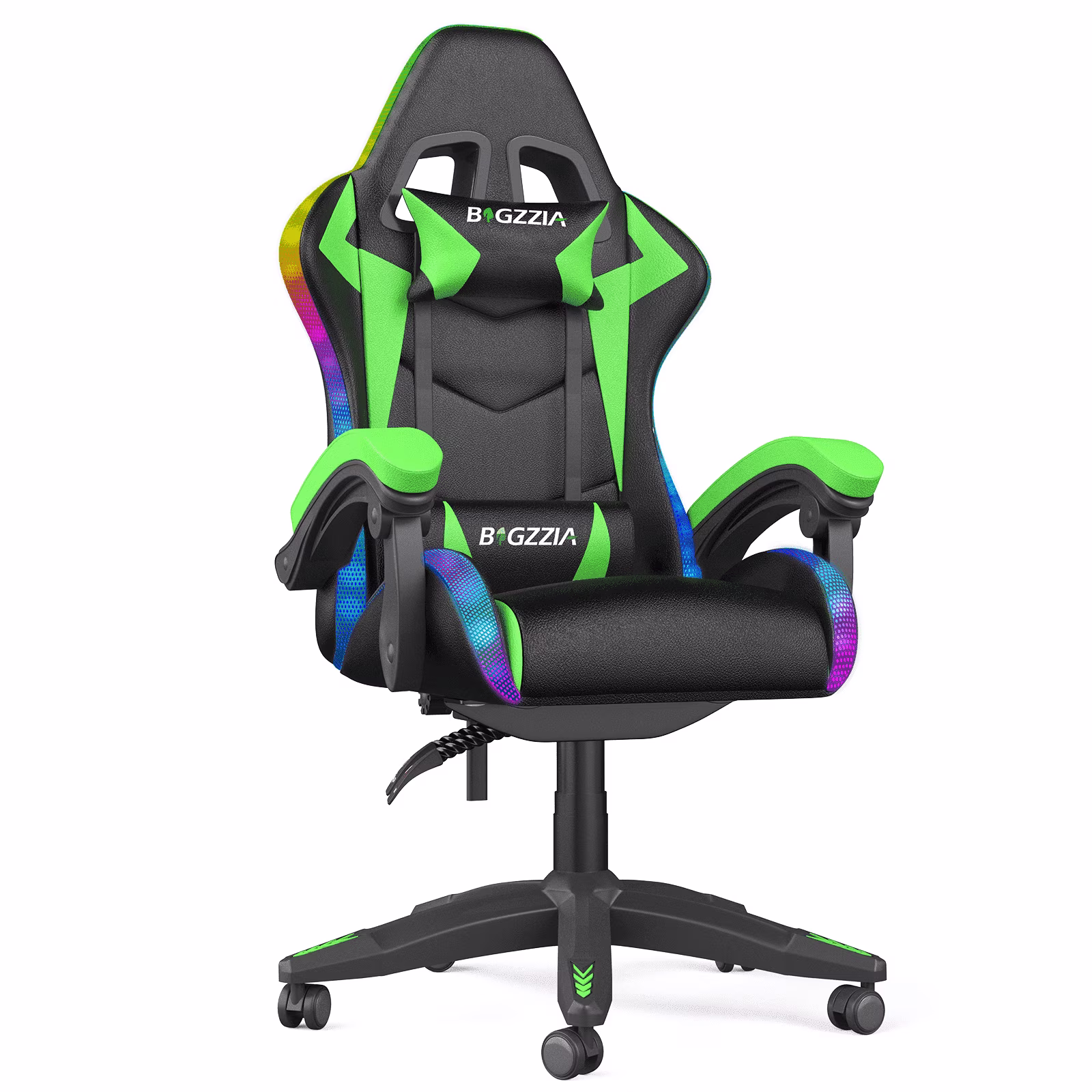 Bigzzia Gaming Chair with LED Lights Ergonomic Office Chair for Adults and Kids - Adjustable Height, 360 Swivel, Headrest Support, Mesh PU Leather, Black Green(Red)