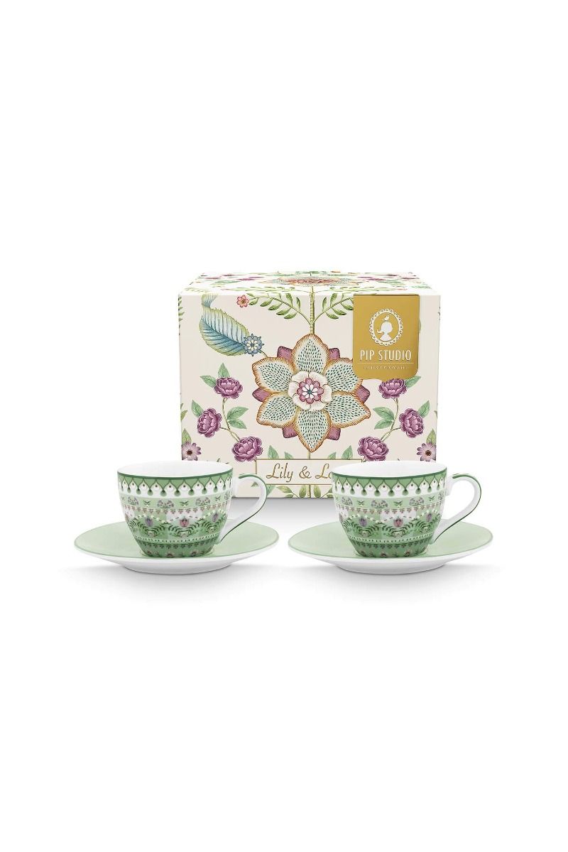Set/2 Espresso Cups and Saucers Lily&Lotus Light Green