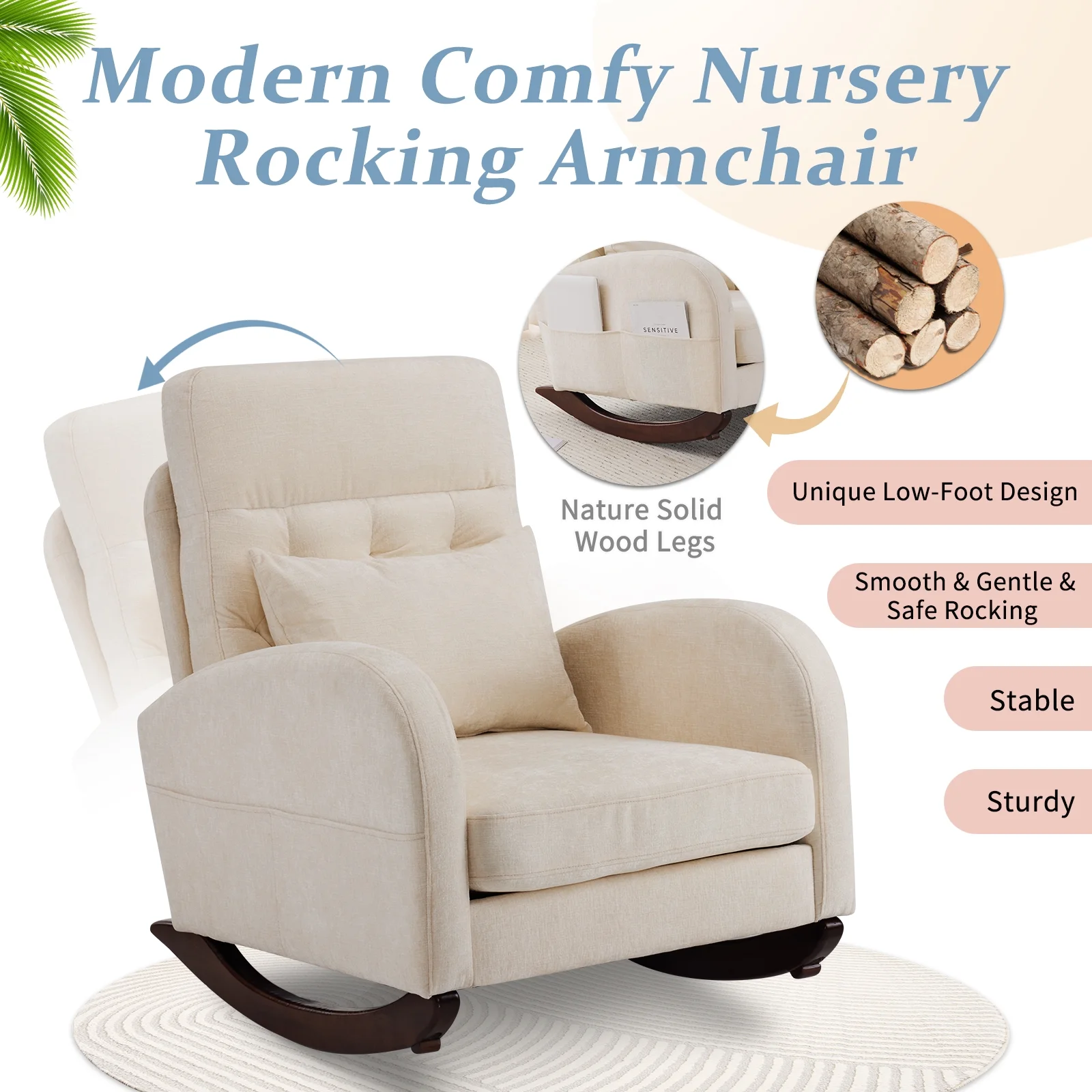 Ktaxon Rocking Accent Chair Glider Reading Chair Comfy Teddy Velvet Upholstered Single Sofa Rocker for Living Room, Nursery, Bedroom Beige - Image 26