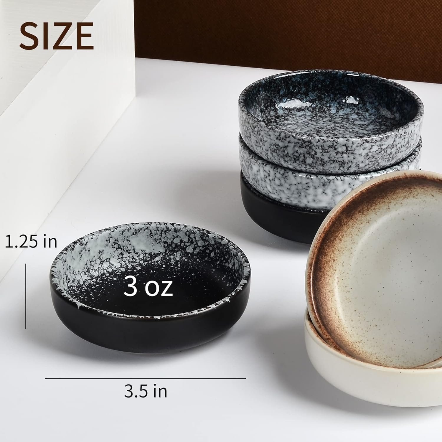 Ceramic Soy Sauce Dish set, Dipping Bowls Set of 6, Chip and Dip Bowls, Japanese Style 3 oz Round Small Dish for Dipping Sushi Tomato Soy Sauce Dish Condiment Finger Dishes