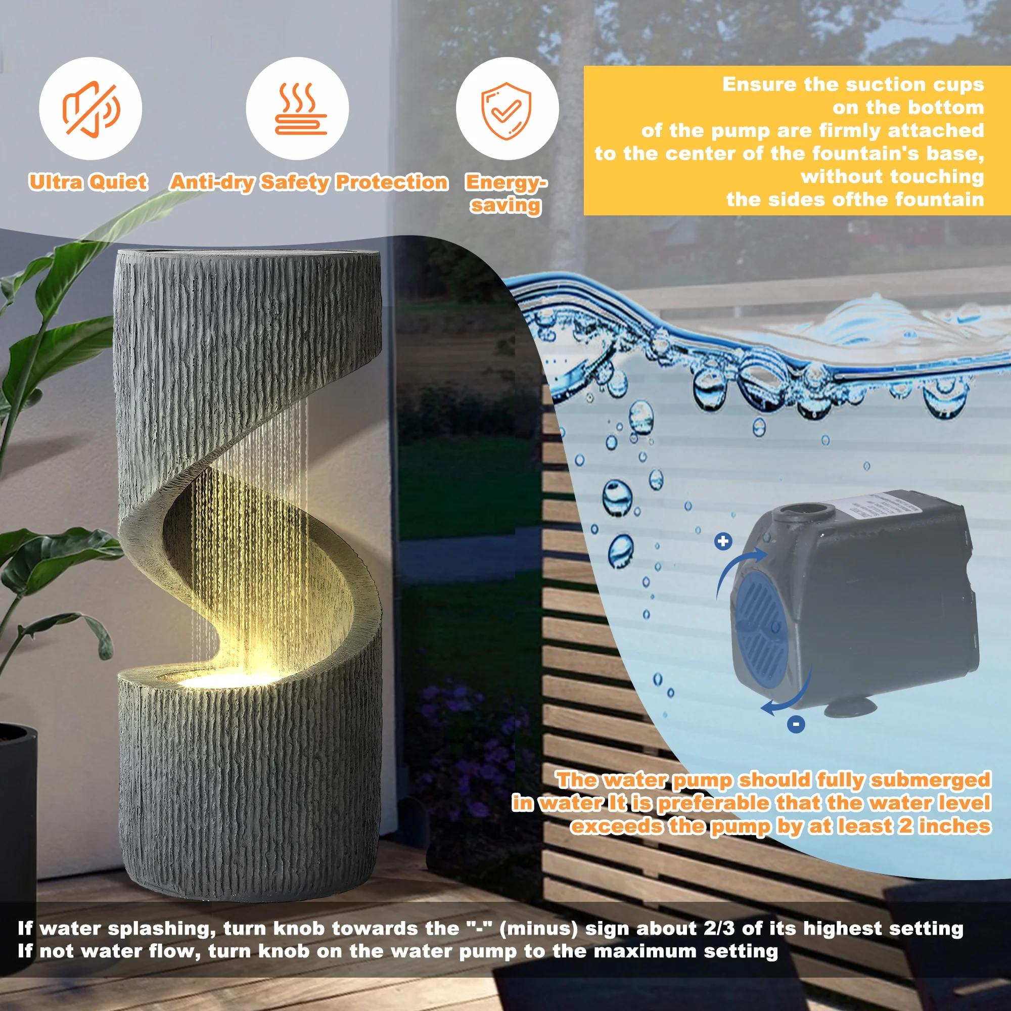 Magic Union Outdoor S-Shaped Water Fountain, Spiral Waterfall Indoor Fountain Outside Garden Decor with LED Lights & Pump, Curved Patio Resin Fountains for Yard, Deck, Porch and Home Decorations - Image 8