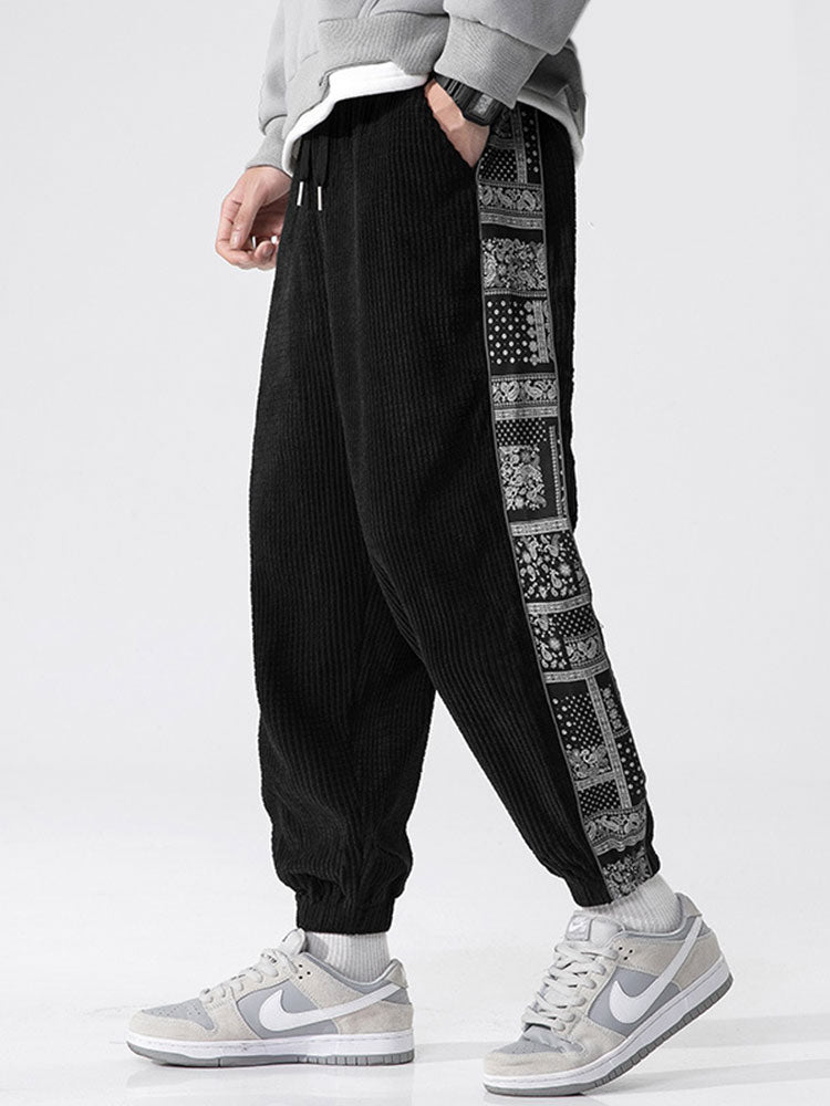Corduroy Paisley Print Panel Pants