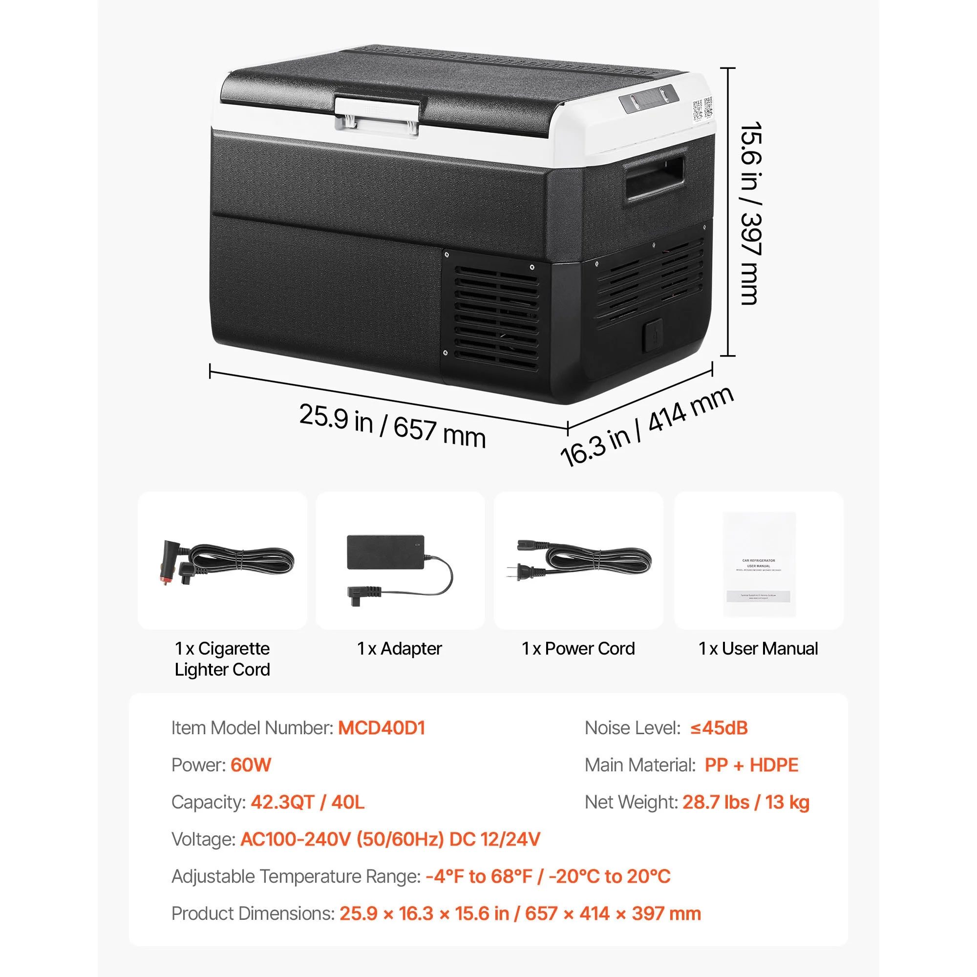 VEVOR Portable Car Refrigerator 42 Qt, 12V Portable Freezer with Single Zone, 12/24V DC & 110-240V AC Electric Cooler with -4℉-68℉ Cooling Range, for Car Truck Vehicle RV Boat Outdoor & Home use - Image 2