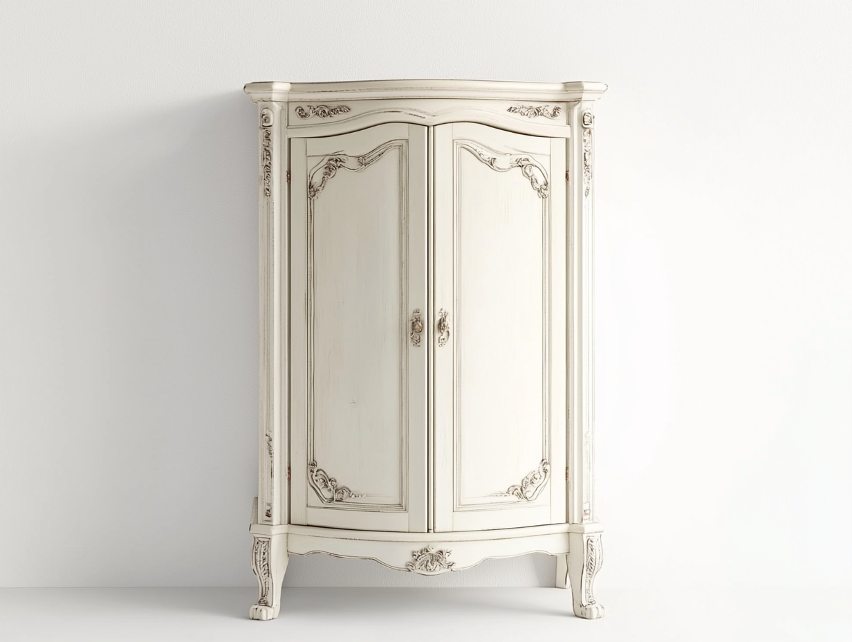 Armario de madera vintage para dormitorio en - blanco envejecido con detalles tallados y estilo clásico