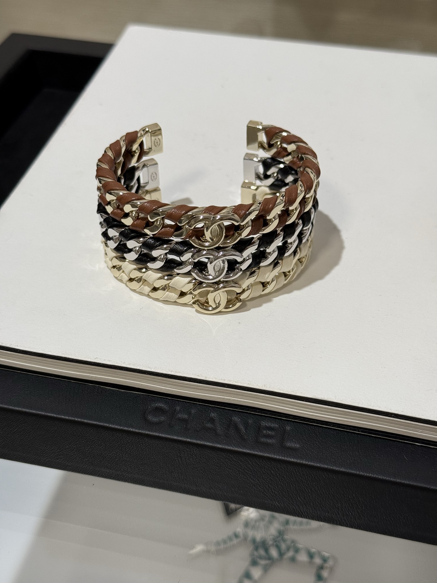 Chanel 26C Leather with Chain Bracelet Cuff Bangle - Original Replica Club