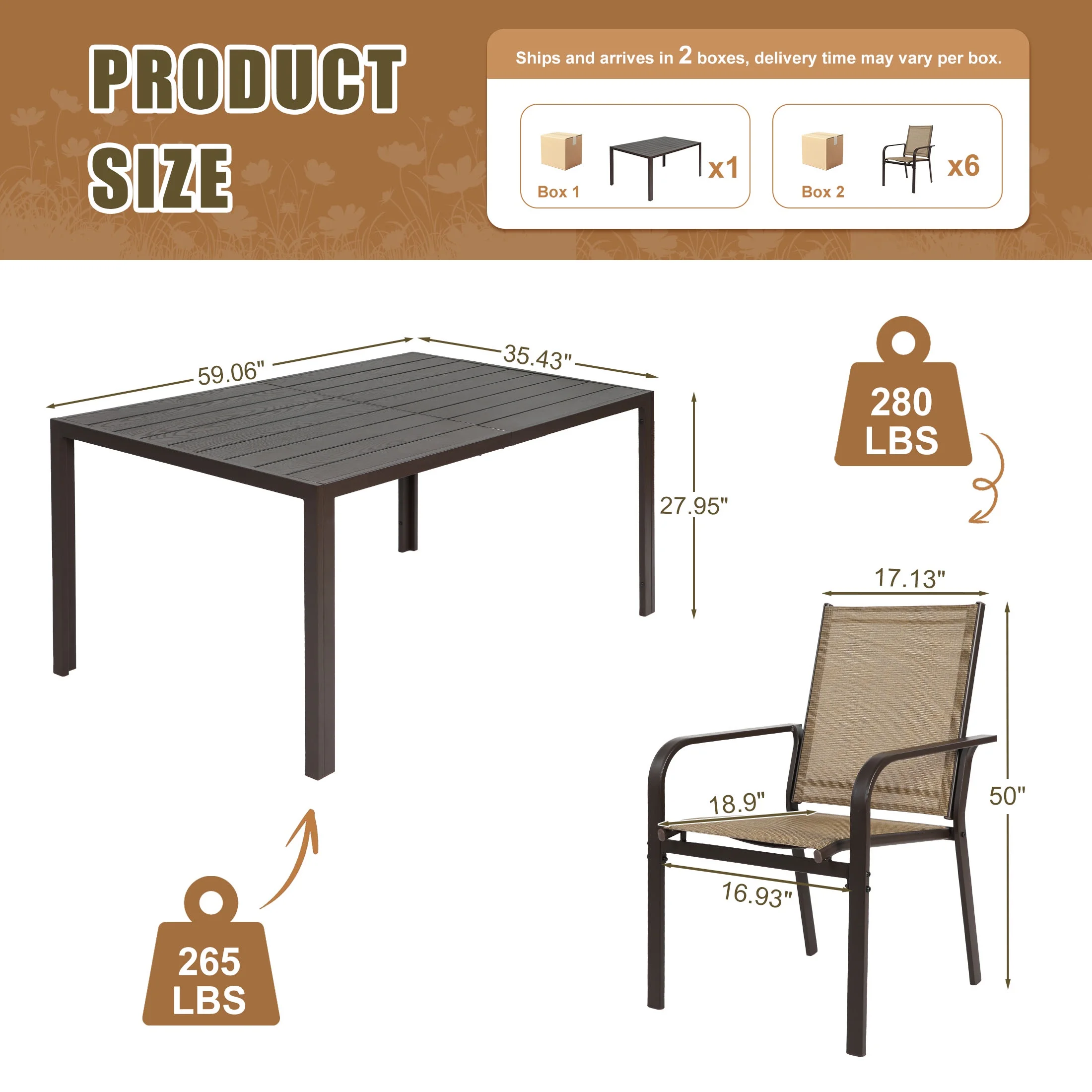 7 Piece Outdoor Dining Set, Patio Dining Table Set for 6 Persons, Garden Patio Textilene Dining Furniture Set with Plastic-Wood Tabletop, Dining Table Chairs Conversation Set for Deck Patio - Image 10