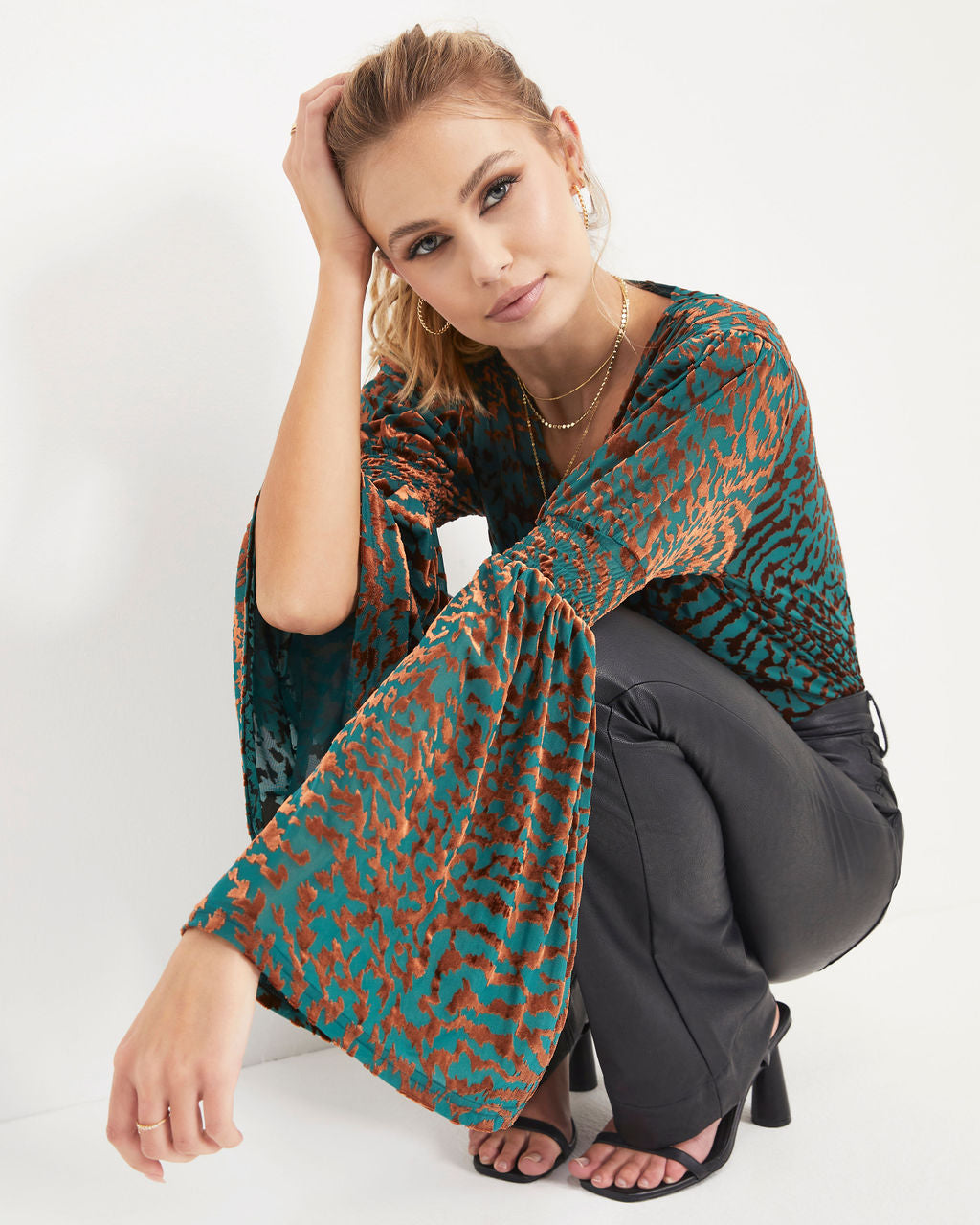 Annalisa Velvet Burnout Bell Sleeve Top - Green - Se7enfashion