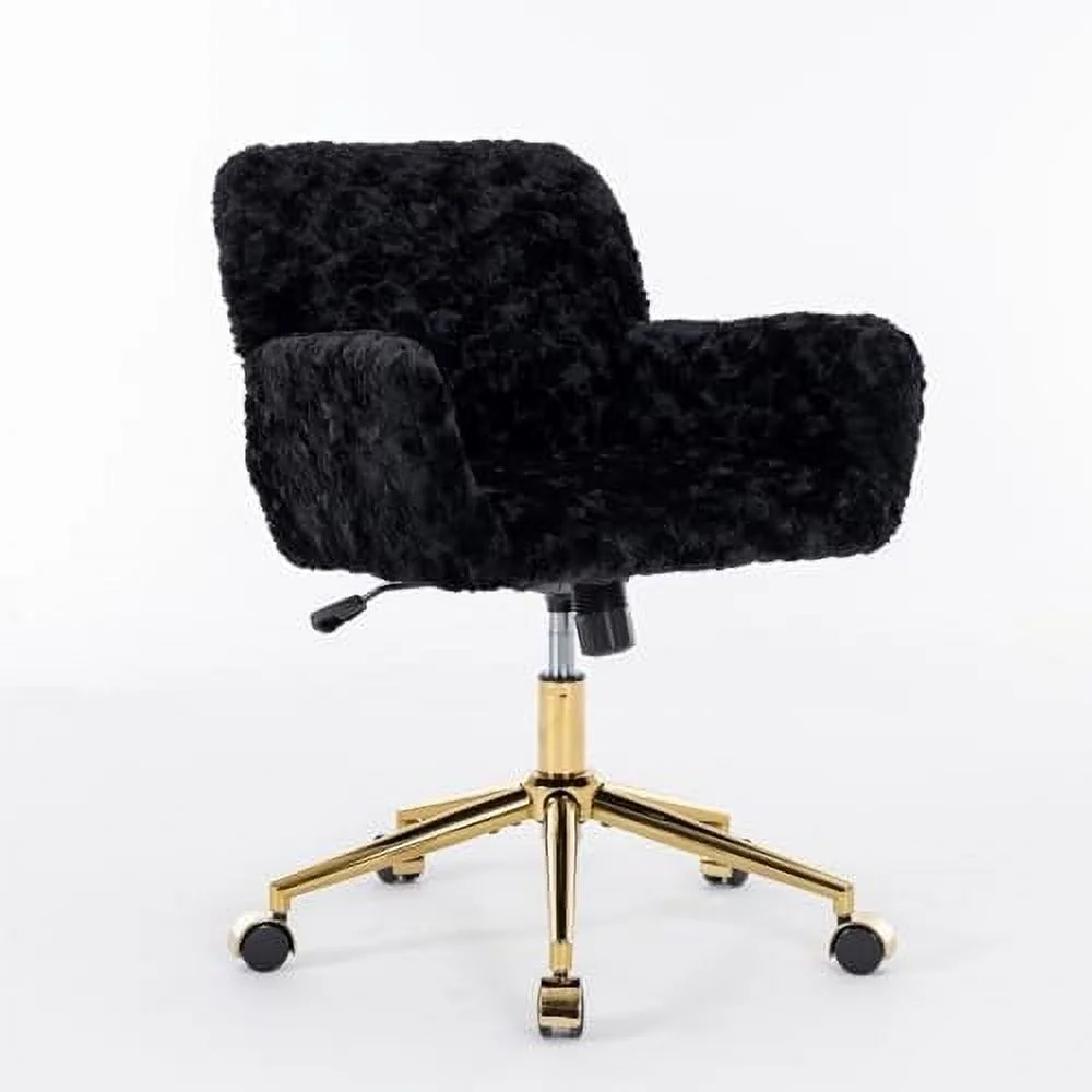 Fluffy Desk Chair,Height Adjustable Vanity Chair with Wheels,Comfortable Faux Fur Desk Chair with goldenn Base, Arm Chair for Bedroom,Living Room,Vanity,Office - Image 16