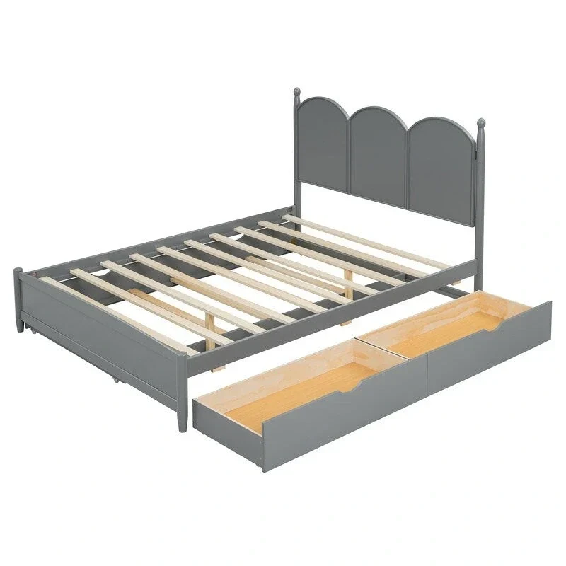 Queen Size Platform Bed with Vintage Headboard - Multifunctional Storage Frame Featuring Twin XL Trundle & 2 Drawers