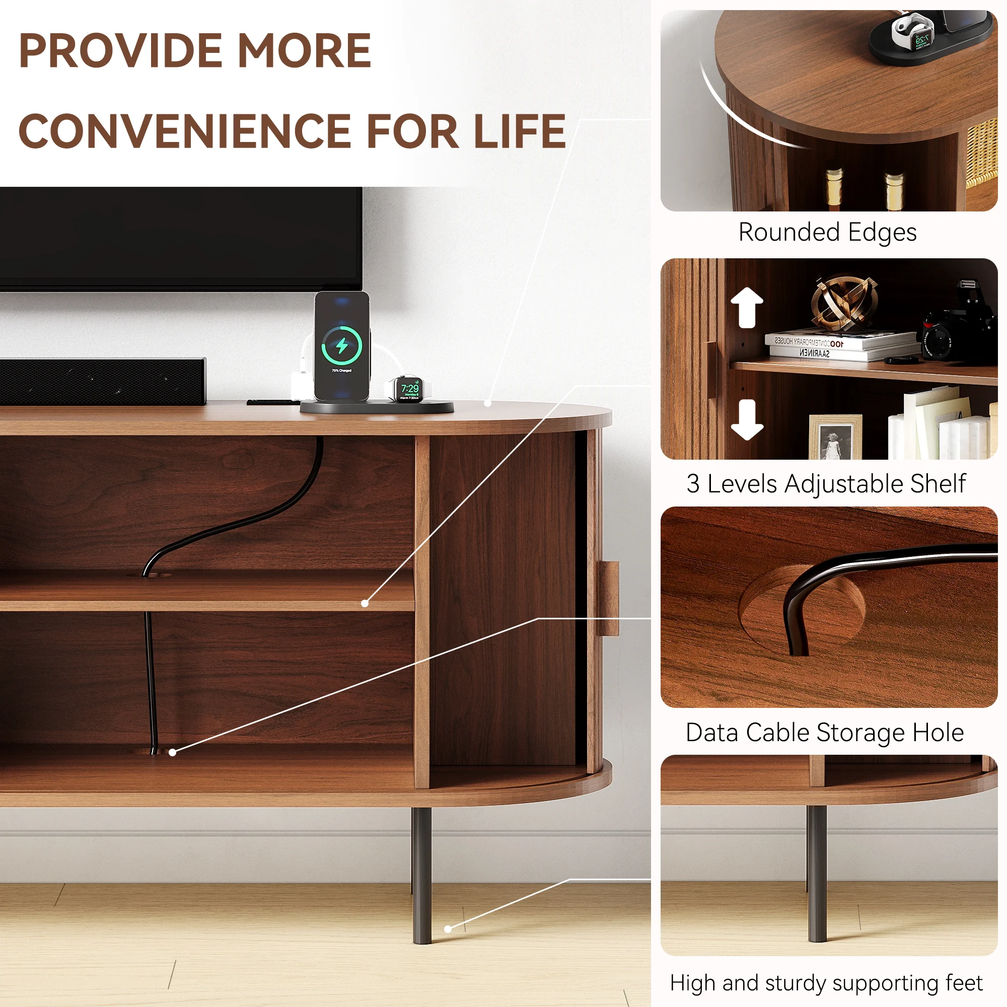MARNUR 63" TV Stand for 70" TV, Wood Entertainment Center with Storage and Shelves, 2 Sliding Tambour Doors, Mid-Century Modern, Walnut - Image 4