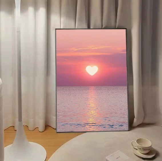50x70cm Framed Ocean & Pink Healing Wall Art, Nordic Style Canvas Print with PS & Aluminum Alloy Frame, European Minimalist Crystal Porcelain Painting for Living Room