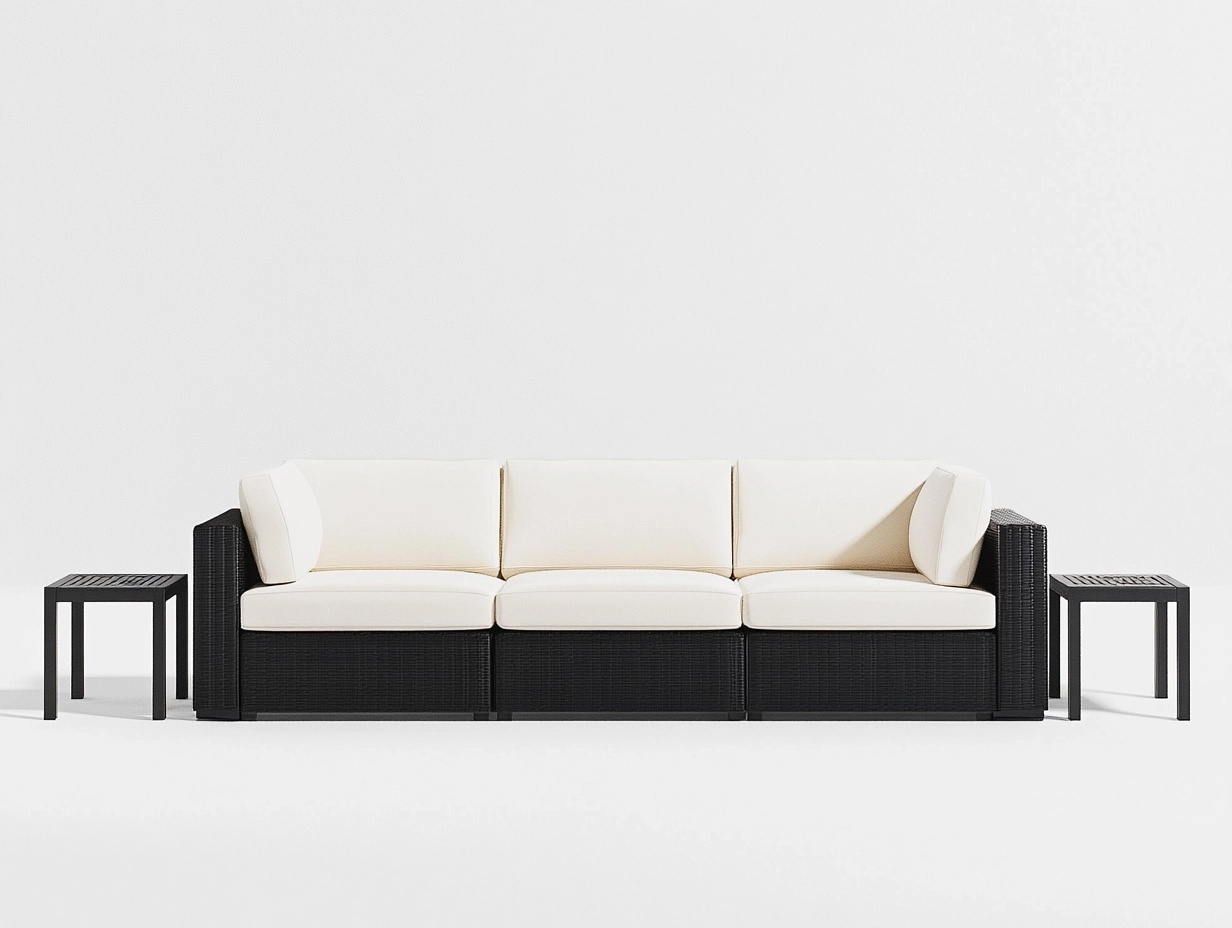 Sofá modular para exterior de 3 plazas 220x85x70cm con mesas auxiliares de ratán sintético y cojines beige estilo moderno color negro y beige