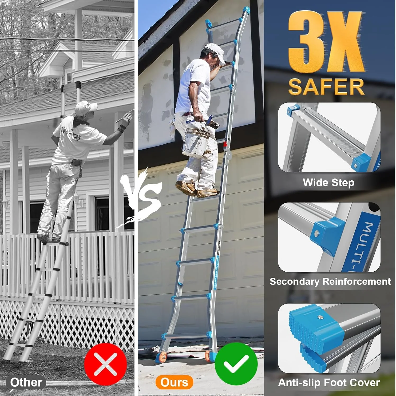LUISLADDERS Ladder, A Frame 6 Step Ladder Telescoping Ladder, 22 Ft Reach Height Muti Position Folding Ladder Flared Leg & Wheels Design, 330 lbs Capacity Extension Ladder for Household Outdoor Work - Image 28