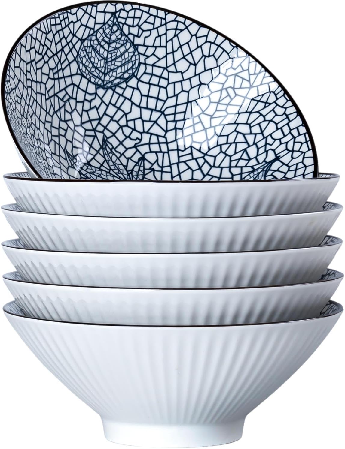 38 oz Japanese Ramen Bowl Set of 6 - Large 8 Inch Ceramic Soup Bowls, Blue and White Japanese Noodle Bowls for Pho, Ramen, and Salad - Leaf Patterns