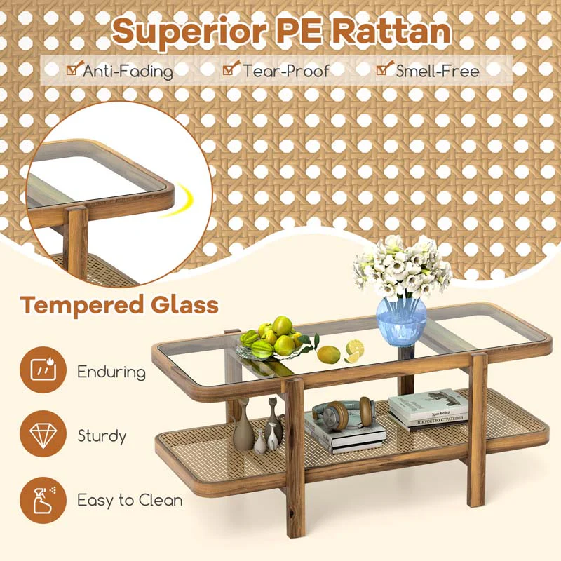 Eletriclife 2-Tier Coffee Table with Storage and Tempered Glass Tabletop