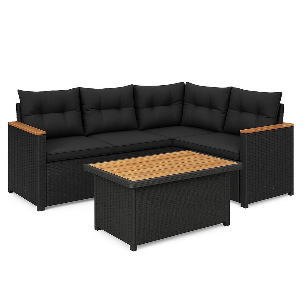 Sofá de jardín modular, sofá en L con mesa de café, estilo contemporáneo, material de ratán sintético, almohadas negras y detalles en madera