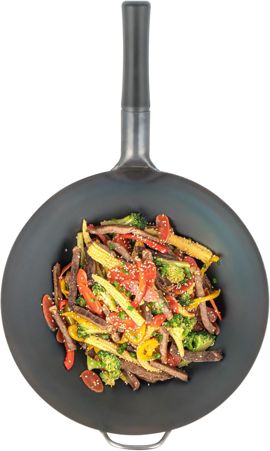Restaurantware Carbon Steel Wok 1 Pack of 13.3 Inch Heavy-Duty Uniform Heat Distribution Pan Induction Compatible Flat Bottom Wok Welded Handle Black For Gas Stovetops And Grills