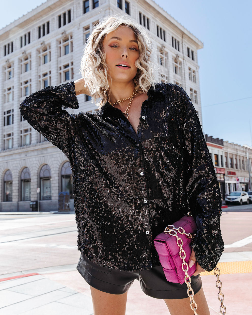 Be A Star Sequins Button Down Top - Black - Se7enfashion